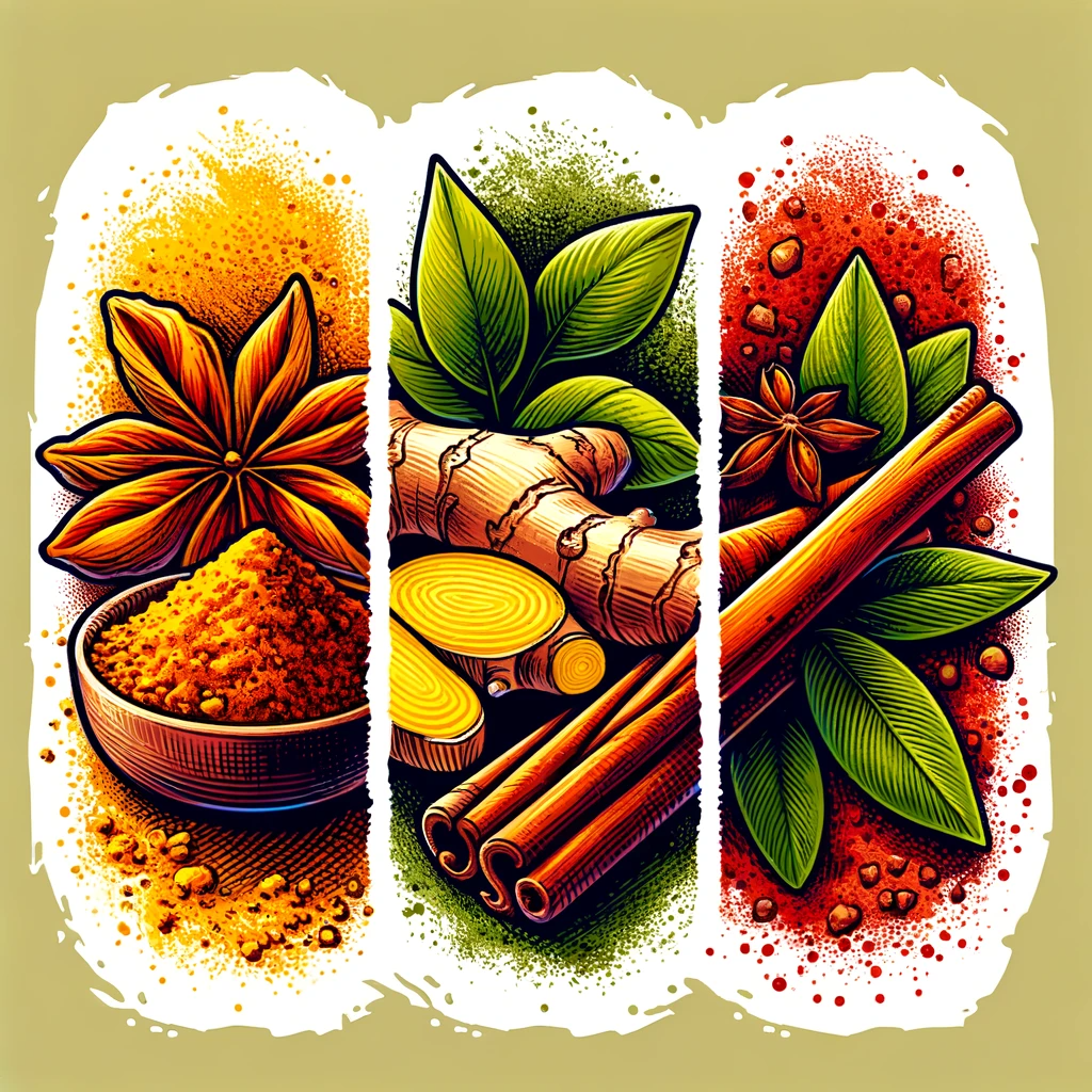 DALL·E 2023-12-21 15.36.38 - Graphic design featuring three spices_ turmeric, ginger, and cinnamon. The image should visually represent each spice with artistic illustrations or r